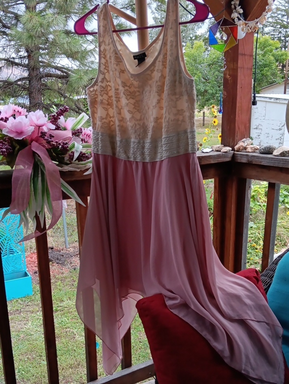 Rue21 Pink Chiffon High-Low Dress with Cream Lace Bodice